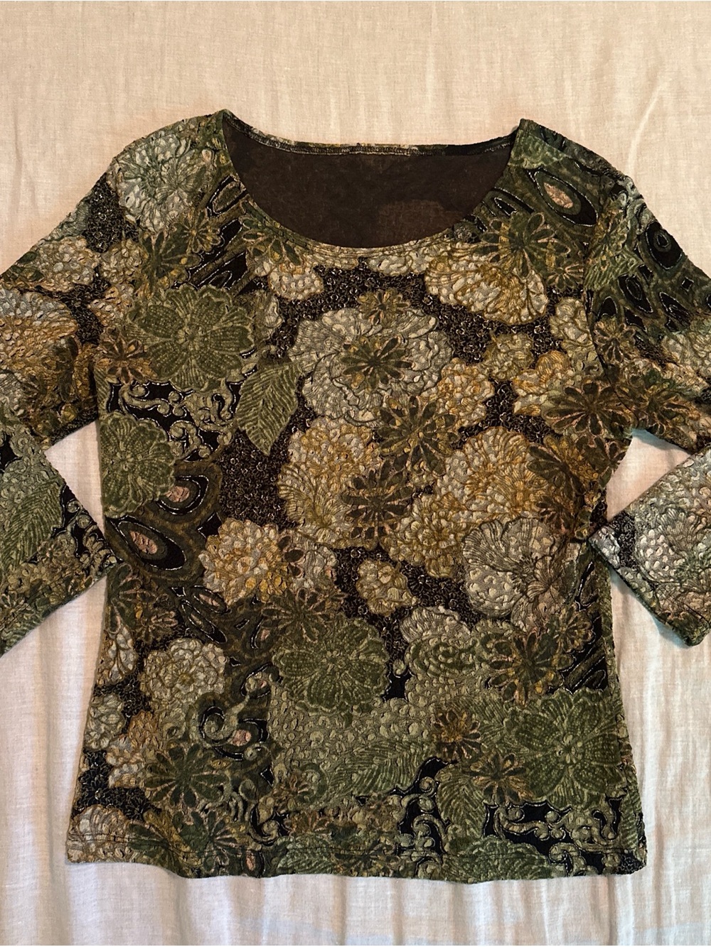 Y2K Women's Green Floral Velvet Burnout Top